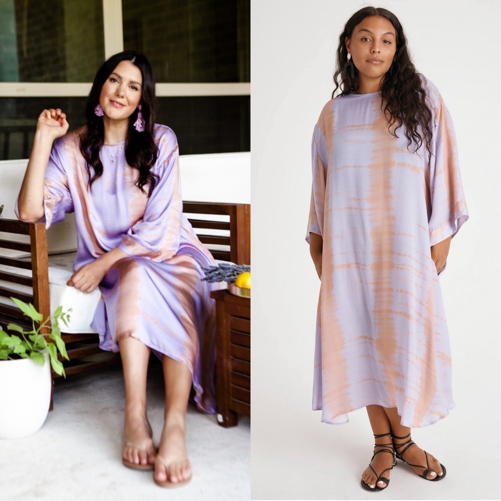 ANTHROPOLOGIE Satin Lilac Abstract Stripe 3/4 Sleeve Oversized Tunic Dress‎ XS